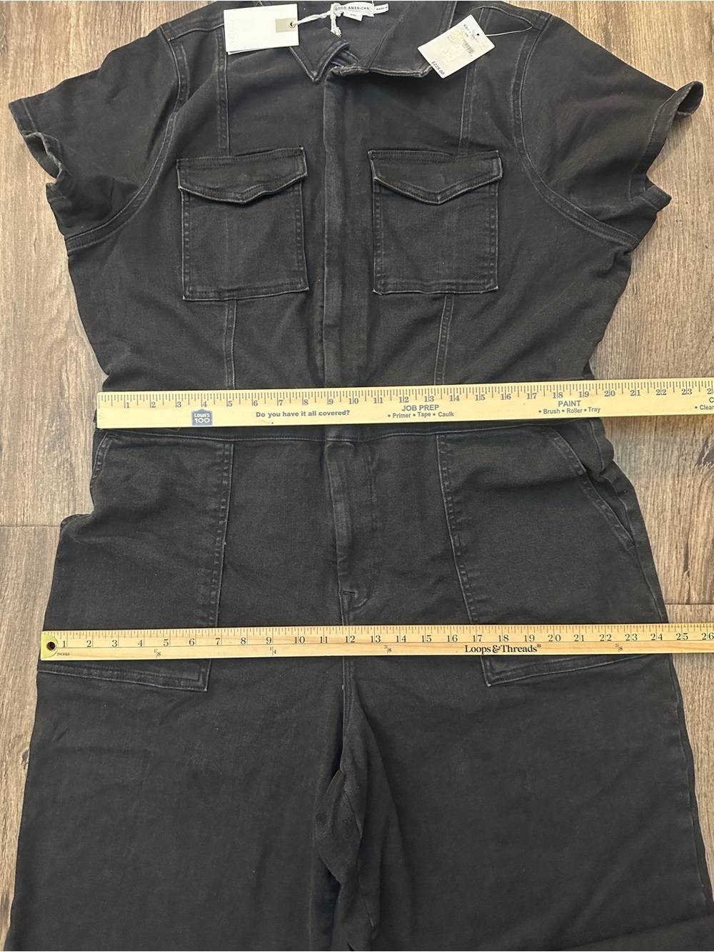 Good American Zip Front Denim Short Sleeves Jumpsuit Women’s Size 3XL Black - Picture 4 of 9